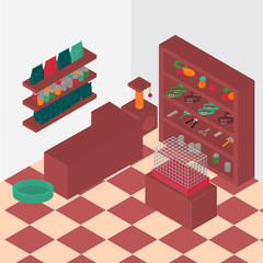 Isometric Pet shop interior. Cats and dogs grooming, playing and feeding Equipment. Veterinary store