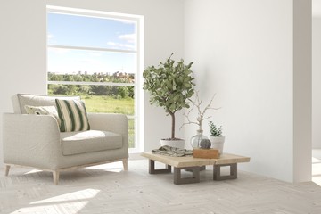 Idea of white room with armchair and summer landscape in window. Scandinavian interior design. 3D illustration