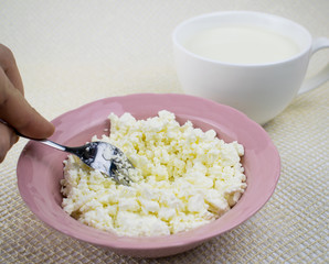 Cottage cheese and milk on a light background.