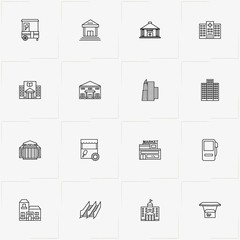 City Building line icon set with library building , museum  and building