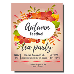 tea party autumn invitation card with fall season plant
