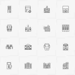 City Building line icon set with church , building and petrol station