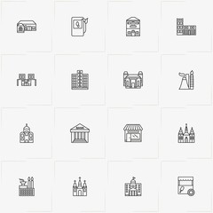 City Building line icon set with church , bank and factory