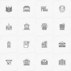 City Building line icon set with stall, church  and police station