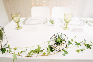 Delicate and stylish setting of the festive table. Banquet, wedding.