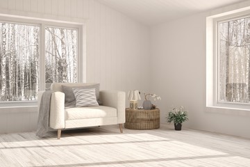 White room with armchair and winter landscape in window. Scandinavian interior design. 3D illustration