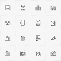 City Building line icon set with church , escalator and stall