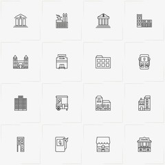 City Building line icon set with factory , building and petrol station