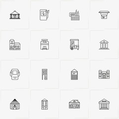 City Building line icon set with petrol station , circus  and building