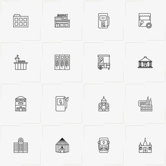 City Building line icon set with airport building , hospital  and market