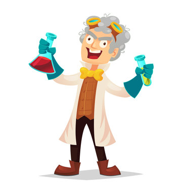 Mad professor in lab coat and rubber gloves holding flasks, cartoon vector illustration isolated on white background. Crazy laughing funny cartoon white-haired scientist, stereotype of scientist.