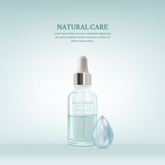 Vector realistic 3d illustration of cosmetic serum in transparent glass bottle. Packaging mockup template.