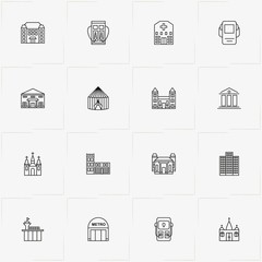City Building line icon set with bank, airport building  and church