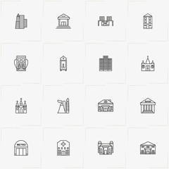 City Building line icon set with metro station , factory  and bank