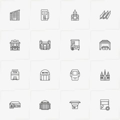 City Building line icon set with church , metro station  and museum