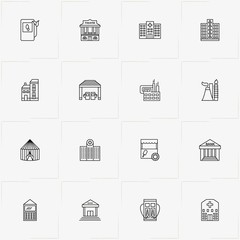 City Building line icon set with factory , theatre and building