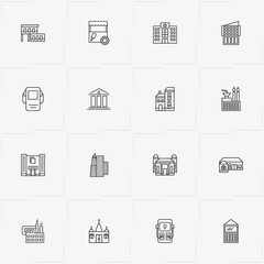 City Building line icon set with library building , petrol station  and bank