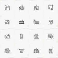 City Building line icon set with metro station , museum  and market