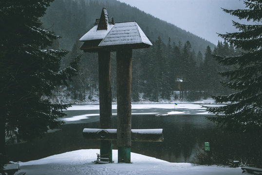 Wooden monument of Syn and Vyr against the waters of Synevyr in the Carpathian mountains