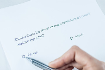 Questionnaire: Should there be fewer or more restrictions on current welfare benefits? Answer: Fewer.