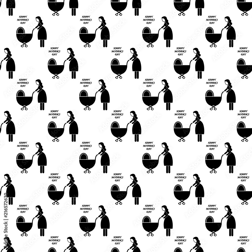 Poster mother with a stroller icon in pattern style