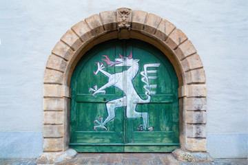 A door at the Grazer Landhaus adorned with the Styrian panther, the heraldic animal - 216572619