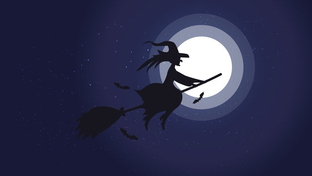 Halloween night background picture with flying witch and bats., Vector elements for banner, greeting card halloween celebration, halloween party poster.
