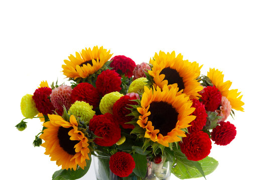 Bouquet of dahlia and sunflowers fresh flowers isolated on white background