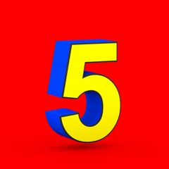 Blue and yellow superhero number 5 isolated on red background.