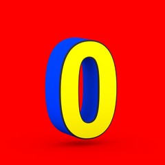 Blue and yellow superhero number 0 isolated on red background.