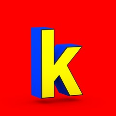 Blue and yellow superhero letter K lowercase isolated on red background.