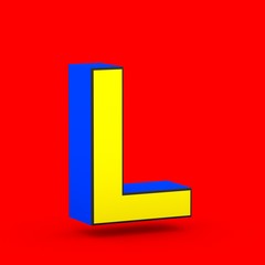 Blue and yellow superhero letter L uppercase isolated on red background.