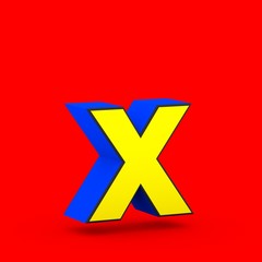 Obraz premium Blue and yellow superhero letter X lowercase isolated on red background.