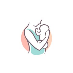 mom and baby logo, maternal woman holding a newborn baby in her arms vector illustration