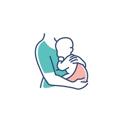 mom and baby logo, maternal woman holding a newborn baby in her arms vector illustration