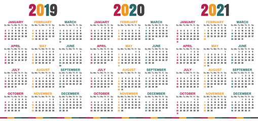 English planning calendar 2019 - 2021, week starts on Sunday, simple calendar template for 2019, 2020 and 2021, printable calendar templates, vector illustration