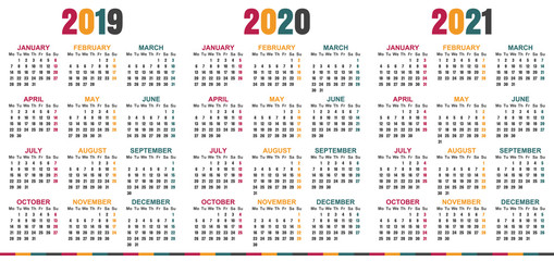 English planning calendar 2019 - 2021, week starts on Monday, simple calendar template for 2019, 2020 and 2021, printable calendar templates, vector illustration
