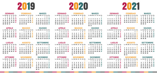 Italian planning calendar 2019 - 2021, week starts on Monday, simple calendar template for 2019, 2020 and 2021, printable calendar templates, vector illustration