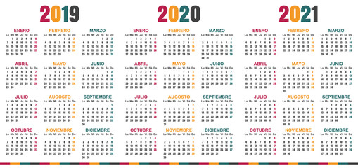 Spanish planning calendar 2019 - 2021, week starts on Monday, simple calendar template for 2019, 2020 and 2021, printable calendar templates, vector illustration