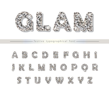 Silver Glitter Font Isolated On White. Modern Decorative Alphabet For Holiday Design.