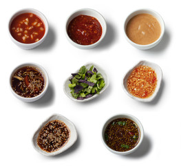 Various sauces, view from above, isolated on white