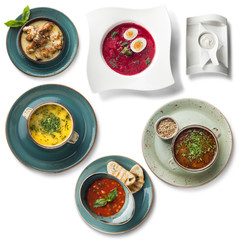 Set of 5 delicious soups: chicken soup, okroshka, chicken bouillon, cabbage soup (shchi), bean soup, all isolated on white