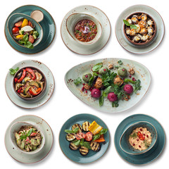 8 vegetarian dishes: salad with ricotta, lobio, baked champignons, roasted vegetables, pkhali cuts,  fresh salad with hazelnuts, grilled vegetables, vegetable mass with pomegranate, isolated on white