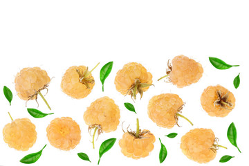Yellow raspberries with leaf isolated on white background with copy space for your text. Top view. Flat lay pattern