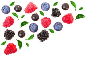 blackberry blueberry raspberry black currant isolated on white background with copy space for your text. Top view. Flat lay pattern
