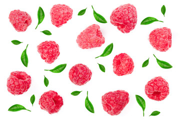 raspberries with leaves isolated on white background. Top view. Flat lay pattern