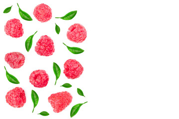 raspberries with leaves isolated on white background with copy space for your text. Top view. Flat lay pattern