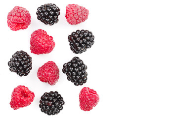 blackberry and raspberry isolated on white background. Top view with copy space for your text. Flat lay pattern