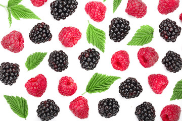 blackberry and raspberry with leaves isolated on white background. Top view. Flat lay pattern