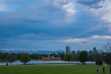 Afternoon cloudy view of the downtown skyline from city park